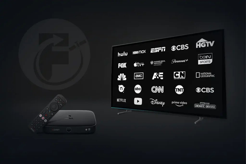 IPTV receiver with TV screen showing multiple channel logos